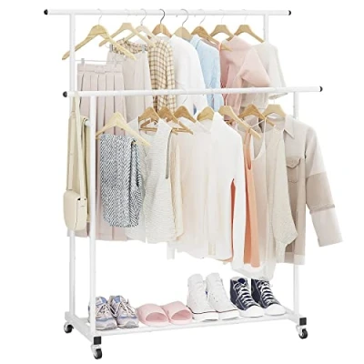 Afbeelding van Calmootey kledingrek met dubbele stang, op wielen, draagbare kledingorganizer voor slaapkamer, woonkamer, kledingwinkel, wit