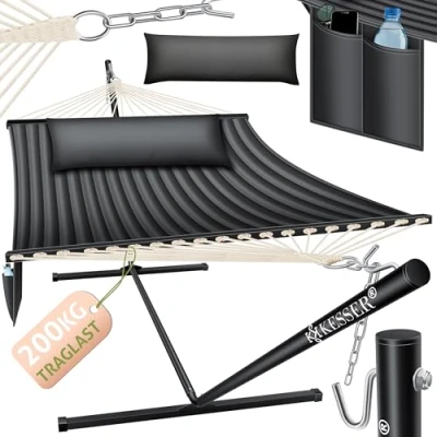 Afbeelding van KESSER® Hill hangmat met houder, dubbele voor 2 personen, stabiel frame, 200 kg draagvermogen, binnen en buiten, XXL, hangstoel, dubbel, meerdere personen