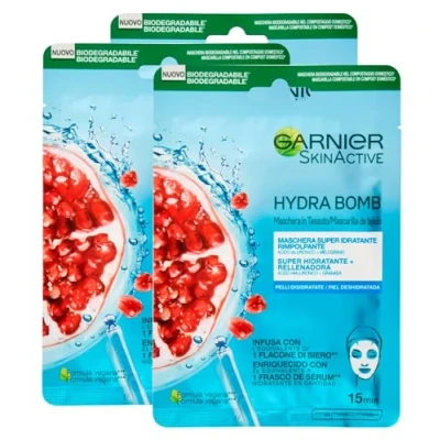 Afbeelding van Garnier SkinActive Hydra Bomb Super hydraterend en stimulerend gezichtsmasker van stof met granaatappel hyaluronzuur, 3 wegwerpmaskers