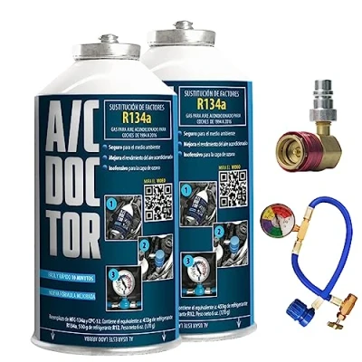 Afbeelding van AC DOCTOR Set van 2 blikjes koelmiddel vervangt R134a voor het opladen de auto airconditioning 1995 2016 + slang met manometer HP/LP adapter hoog laag