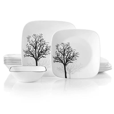 Afbeelding van Corelle 18 delig tafelservies voor 6 personen, zwart en wit houtpatroon, splinterbestendig, inclusief 26 cm vierkante borden, 17 salade/dessertborden