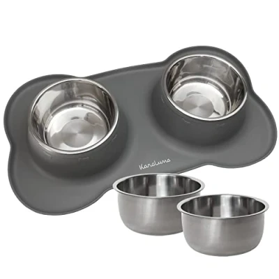 Afbeelding van KaraLuna Siliconen voedermat met roestvrijstalen bak I voor katten en honden (850 ml, grijs)