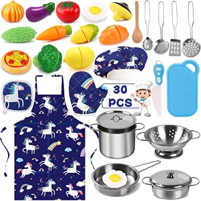 Afbeelding van Tonsooze Keukenaccessoires voor kinderen, 30 stuks, met potten en van roestvrij staal, keukengerei, keuken keukenschort, mutsen, handschoenen, jongens meisjes, cadeau