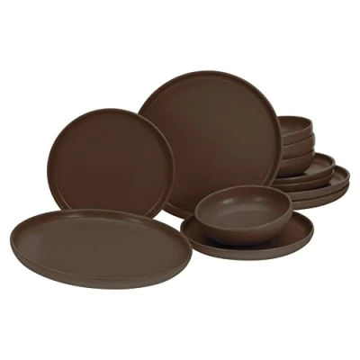Afbeelding van CreaTable, 23659 Serie Uno Brown 12 delig servies van aardewerk, vaatwasser en magnetronbestendig, gemaakt in Portugal