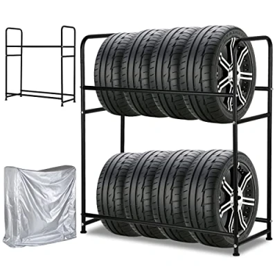 Afbeelding van SWANEW Bandenrek 107 x 46 117 cm voor 8 banden, in hoogte verstelbaar, draagvermogen 180 kg, met bandenbescherming, garage, kelder, werkplaats