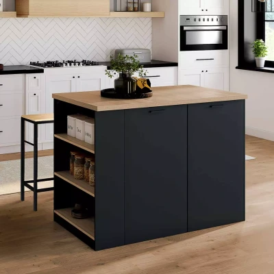 Image de Ilot central TIBO 120 cm bois noir avec plan de travail façon hêtre