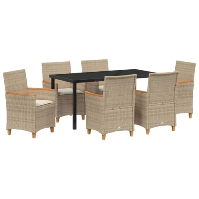 Afbeelding van vidaXL 7 delige Tuin Eetset met Kussens Beige Poly Rattan