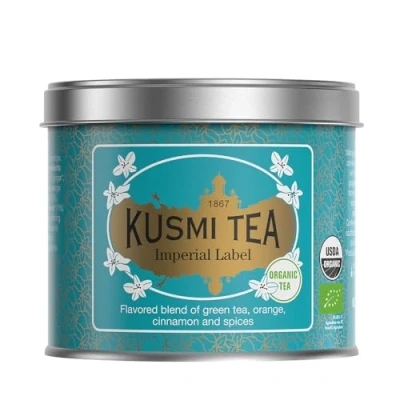 Image de Kusmi Tea Label Impérial Bio Mélange aromatisé de thé vert bio, orange, cannelle et épices Boîte métal 100 g Environ 40 tasses