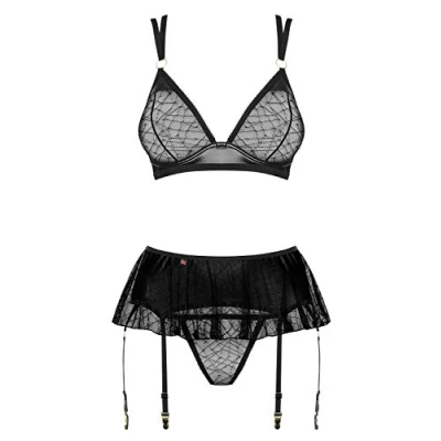 Afbeelding van Obsessive BH met string en Jarretels 3 st. Set Erotische lingerieset Maat L/XL Zwart