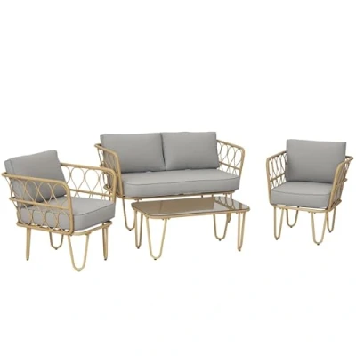 Afbeelding van Outsunny Tuinmeubelset, 4 delig, 2 zitsbank + stoelen 1 salontafel, dienblad van gehard glas, 7 kussens, metaal en polyrotan, beige