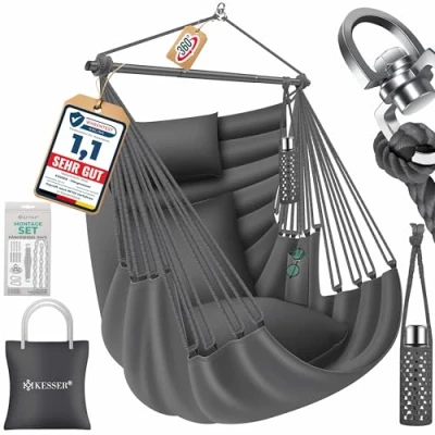 Afbeelding van KESSER® Haiti Hangstoel, belastbaar tot 150 kg, 360 graden draaibaar, voor binnen en buiten, UV waterbestendig, onderhoudsvriendelijk, met 2 kussens, draagtas