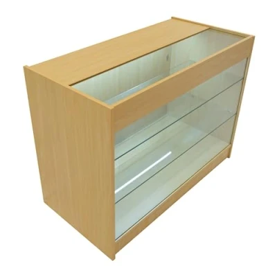 Afbeelding van Comptoir de Vente en MDF Érable LED Blancs Intégrés K1200 3 Étagères Portes Coulissantes Verouillables Rangement Commerciale Vitrine Verre Acceuil Réception Bureau Vêtements Bijoux [2 Clés INCLUS]