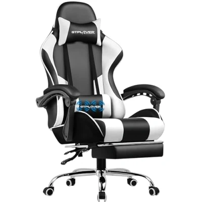 Afbeelding van GTPLAYER Bureaustoel, gamingstoel, ergonomische gamingstoel met voetensteun, hoofdsteun, lendenkussen massage, gevoerd, draaibaar, wit