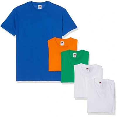 Afbeelding van Fruit of the Loom Set van 5 dikke T shirts voor heren, wit, groen, koningsoranje, maat M, wit/groen/koningsblauw/oranje.