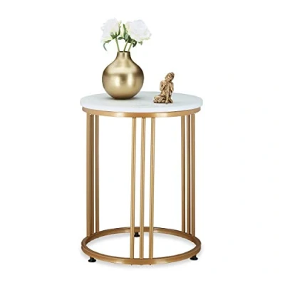 Afbeelding van Relaxdays Bijzettafel Marmo, metaal en MDF, rond bankpunt, woonkamer, hal, h x d 51 41 cm, wit/goud, ijzer, 1 stuk