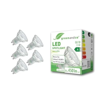Afbeelding van greenandco 5 x ledlampen GU10 2,5 W 450 lm 3000 K warm wit 100 230 V flikkervrij energie efficiëntieklasse A niet dimbaar