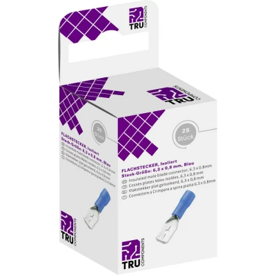 Afbeelding van TRU COMPONENTS T1904C043 Assortiment platte stekkers (male) Insteekbreedte: 6.30 mm Insteekdikte: 0.80 180 Deels geïsoleerd Blauw 25 stuk(s)