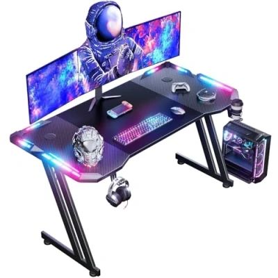 Afbeelding van HLONONE gamebureau met ledverlichting, grote computertafel tafelblad van koolstofvezel, stabiel computerbureau voor gaming headset houder 120 x 60 cm