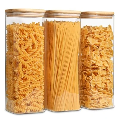 Afbeelding van ComSaf Set van 3 glazen spaghettipasta voorraadpotten met bamboe deksels, transparant, 2,1 l