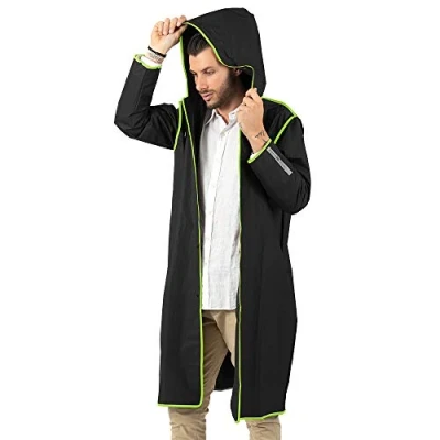 Image de PERLETTI Imperméable Homme Femme Noir avec Capuche Poncho Garçon Fille Détails Réfléchissants Étanche Pluie Coupe Vent Veste Manteau Adulte Randonnées (L, Bordure Verte Citron)