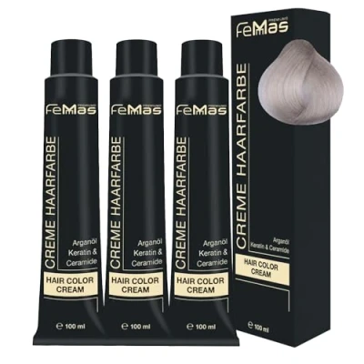 Image de FemMas Lot de 3 colorations pour cheveux 100 ml Enrichies à l’huile d&#039;argan, la kératine et aux céramides Idéales une teinte professionnelle permanente Blond platine cendré 11.1