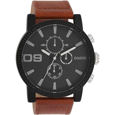 Afbeelding van OOZOO Timepieces Zwarte horloge met bruine leren band C11211