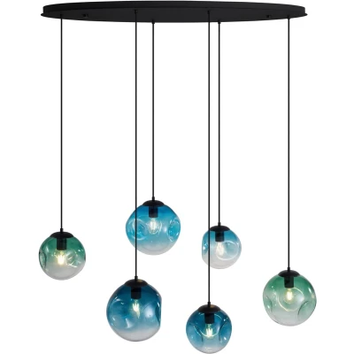 Afbeelding van QAZQA Art deco hanglamp zwart met blauw glas 6 lichts Douglass