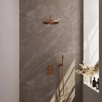 Afbeelding van Brauer Copper Edition Regendoucheset inbouw hoofddouche 30cm gladde knop handdouche Staaf 1 stand PVD geborsteld koper Minimalistisch