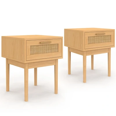 Image de Lot de 2 tables chevet ROBERT 1 tiroir effet naturel cannage et bois