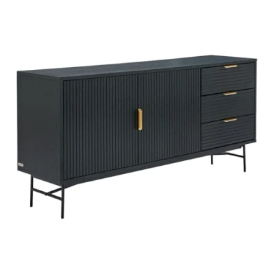 Afbeelding van Vente unique Buffetkast met 2 deurtjes en 3 lades in eikenfineer metaal Zwart goudkleurig SIRIOLA L 160 cm x H 75 D 40