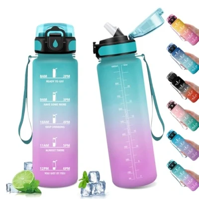 Image de Bouteille d&#039;eau réutilisable avec paille pour adulte, école, gymnase, bureau, vélo, gym, fitness, course à pied, 1 l