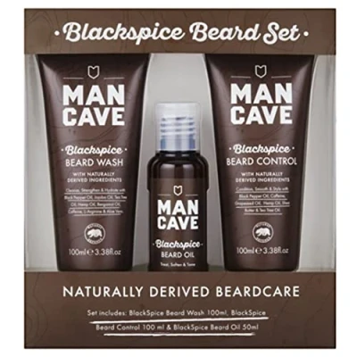 Afbeelding van ManCave Cadeauset voor heren, Blackspice baardset met 3 essentiële producten, baardverzorging baard, veganistisch, buizen van gerecycled kunststof, gemaakt in Engeland