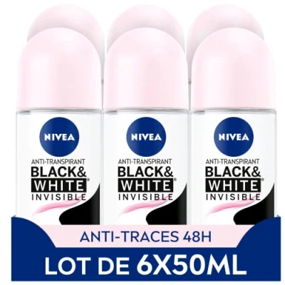 Afbeelding van NIVEA deodorant Ball Black &amp; White Invisible (6 x 50 ml), voor dames, anti witte en gele strepen, transpirant, geur vochtbescherming, 72 uur, zonder alcohol