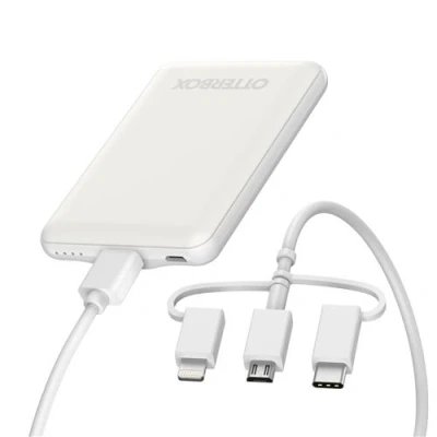 Afbeelding van OtterBox Powerbank, 5.000 mAh draagbare oplader met USB A 10 W en Micro output, slanke duurzame led indicator valbeveiliging, 3 in 1 oplaadkabel inbegrepen, wit
