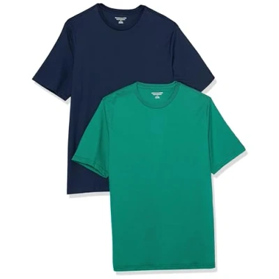 Image de Amazon Essentials Lot de 2 t shirts à manches courtes et col rond, pour homme, coupe classique, vert/bleu marine, taille XS