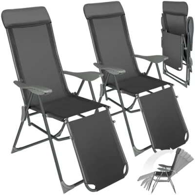 Afbeelding van tectake® Set van 2 klapstoelen Aluminium tuinstoelen Inklapbaar met hoofdsteun en voetensteun Ligstoelen voor in de tuin, terras of balkon Campingstoel Antraciet