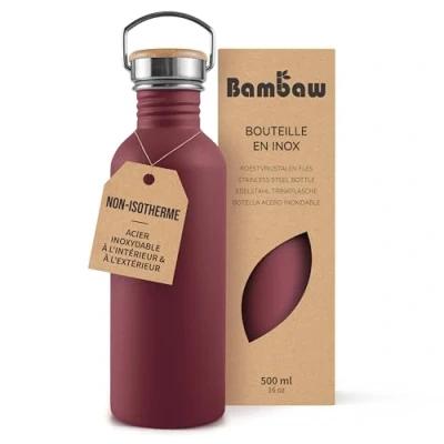 Afbeelding van Bambaw® Waterfles 500 ml Enkelwandige drinkfles RVS Niet Geïsoleerd Lekvrij, en Plasticvrij met Bamboe Dop Water Fles Perfect voor Reizen, Werk, Yoga, Wandelen Dagelijks Gebruik rood
