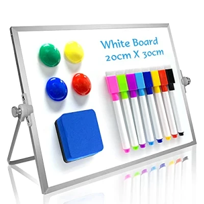 Afbeelding van OWill Zwart droog uitwisbaar whiteboard, 20 x 30 cm, magnetisch mini whiteboard met standaard, dubbelzijdige draagbare ezel, A4 formaat, voor tekenen op school en thuis
