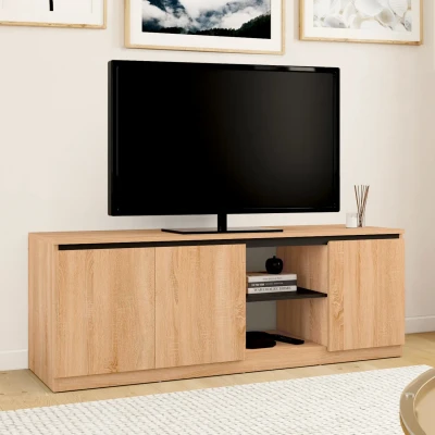 Image de Meuble TV TOMI 3 portes bois façon hêtre et noir 140 cm