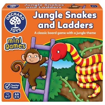Afbeelding van Orchard Toys Jungle Snakes and Ladders Mini Game, Small Compact, Travel Perfect voor Kinderen Leeftijd 4 7, Reisspel