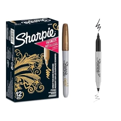 Afbeelding van Sharpie Set van 12 metallic permanente markers, goud, fijne punt, 1 dubbele punt zwart