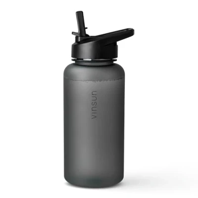 Afbeelding van VINSUN sportfles, 1 liter, rietdeksel, lekvrij, BPA vrij, zwart, voor kinderen en volwassenen, sportwaterfles sport, wandelen, werk
