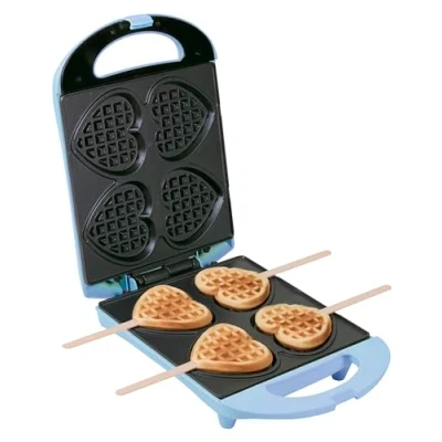 Afbeelding van Bestron Wafelijzer voor hartvormige Wafels, hartvorm op een stokje, Wafelmaker met antiaanbaklaag &amp; indicatielampje, incl. 20 houten stokjes, kleur: Blauw