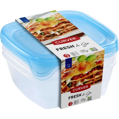 Afbeelding van Curver Fresh &amp; Go Vershoudbakjes met deksel Vierkant 3x0,8L 3 stuks Transparant/Blauw