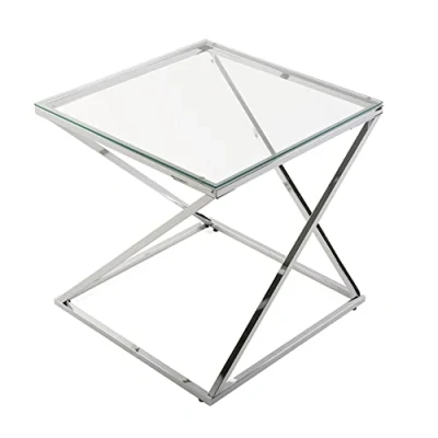 Afbeelding van Versa Trento Bijzettafel voor woonkamer, slaapkamer of keuken. Moderne bijzettafel, afmetingen (H x B L) 51 cm, glas en metaal, kleur: zilver