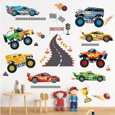Afbeelding van DECOWALL DS9 8083 Muurstickers Racewagens Transport Stickers Jongenskamer Voertuigen Kinderkamer Slaapkamer Speelkamer Veelkleurig Speelgoed Straat