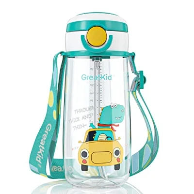 Afbeelding van waterfles voor kinderen (500 ml), met rietje, BPA vrij, automatische drukknop, draaglus, licht, waterdicht, kinderen, schoolkinderen, jongens, groen