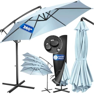 Afbeelding van KESSER® Aluminium zweefparasol + afdekking 300 cm diameter en zwengel met houder, uv bescherming, 360 graden waterdicht canvas, tuinparasol, marktparasol, lichtblauw, blauw, Lichtblauw