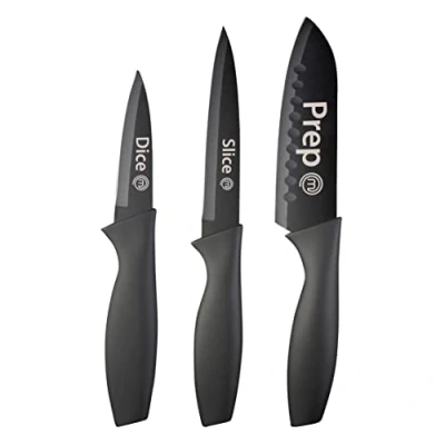 Afbeelding van MasterChef Mes Set van 3 keukenmessen (kuf, paring &amp; nut) Professionele, extra scherpe, roestvrijstalen messen met niet stick coating en zachte aanraakgreep, essentiële collectie delig, zwart