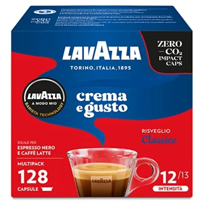 Image de Lavazza A Modo Mio Crème et Goût Classique, 128 Capsules Café pour Espresso avec Notes de Chocolat Fruits Secs, Arabica Robuste, Intensité 12/13, Torréfaction Moyenne, 8 Boîtes 16